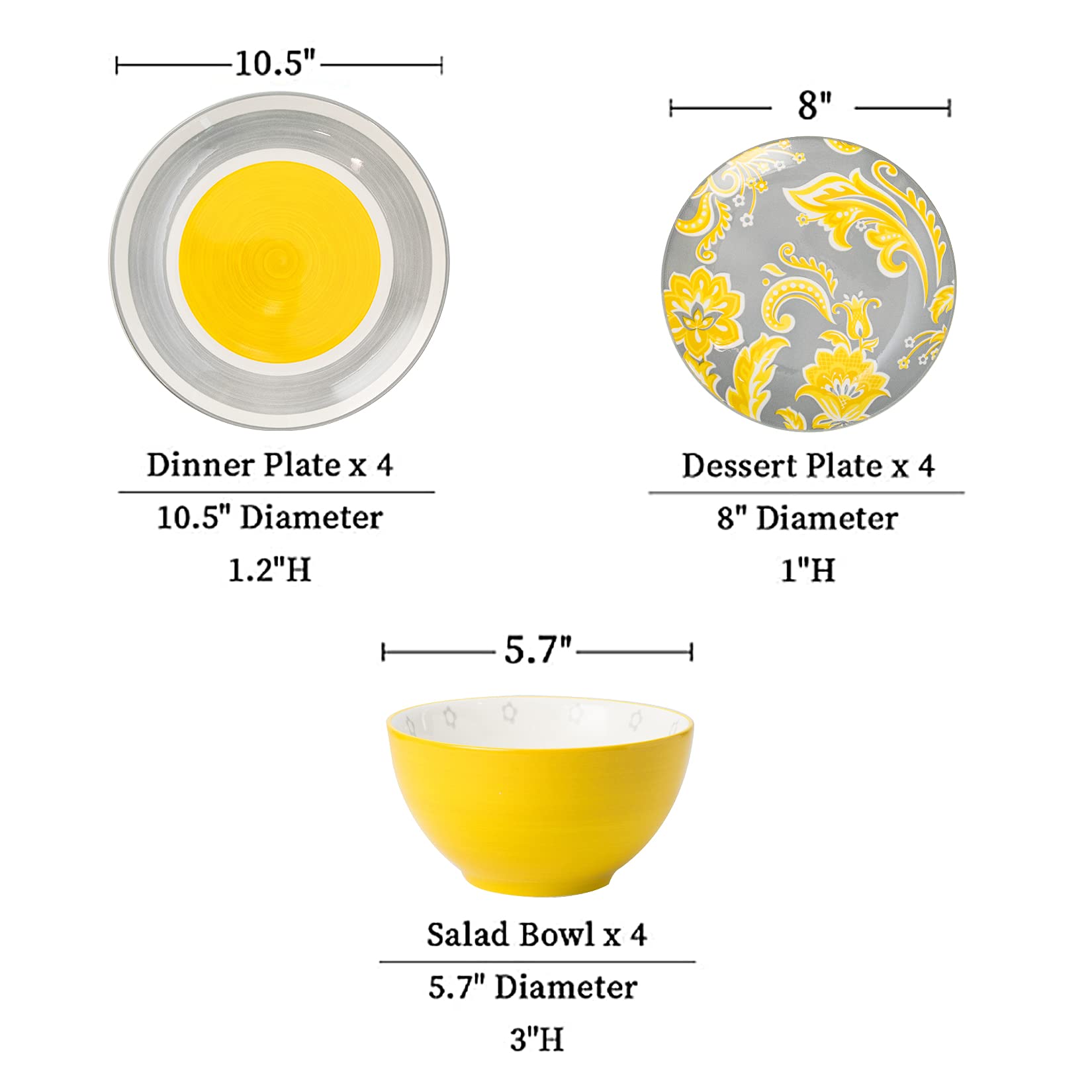 Wisenvoy Plates and Bowls Sets Dish Set Ceramic Dinnerware Sets Plate Set Porcelain Dishes Set for 4 Dinner Plates Gray